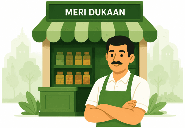 Shopkeeper standing in front of kirana store